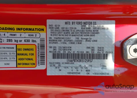 2024 Ford Mustang Ecoboost Premium Fastback z USA, uszkodzony, nr VIN 1FA6P8TH3R5125957